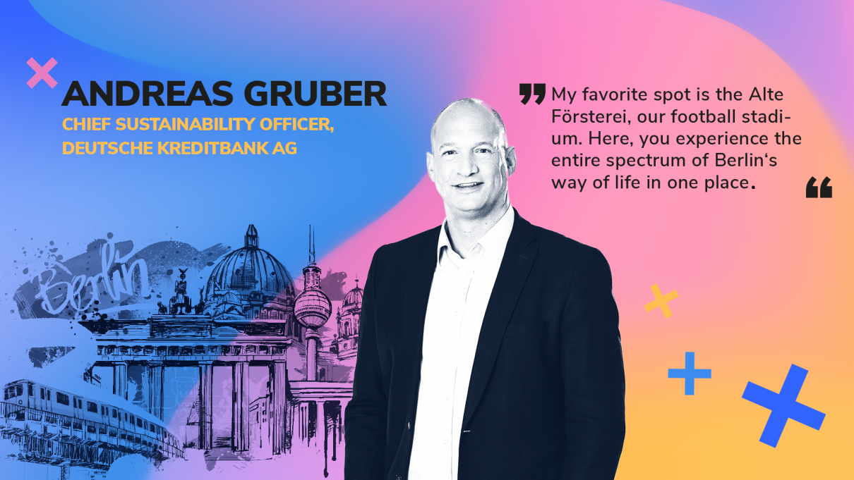 Picture of Andreas Gruber (DKB) in the center of the image and a quote on his favorite spot on the right hand side