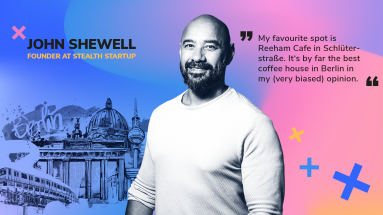 A smiling man in a white t-shirt in front of a Berlin background with a quote about his favourite place in Berlin.