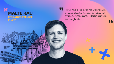 A smiling Malte Rau in front of a colourful background with Berlin motifs and his quote about his favourite places in Berlin